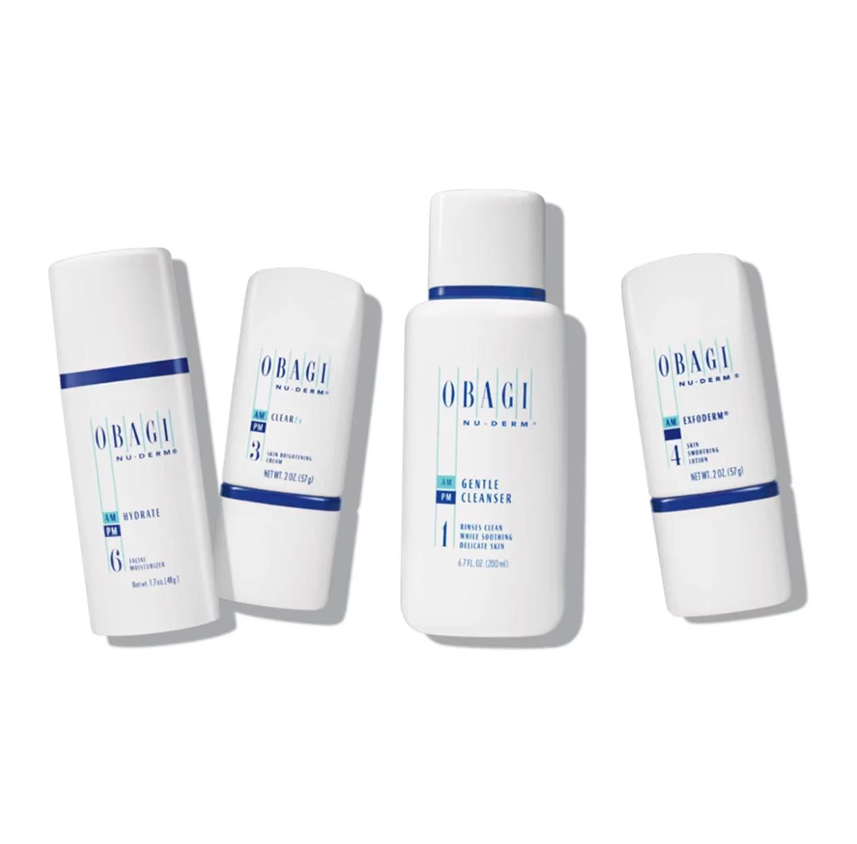 a group of white containers with blue labels